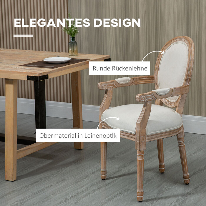 HOMCOM Kitchen Chair Dining Chair with Linen Look, Armchair with Backrest, Wooden Legs, Padded Chair up to 150 kg Load Capacity, Crème | Aosom