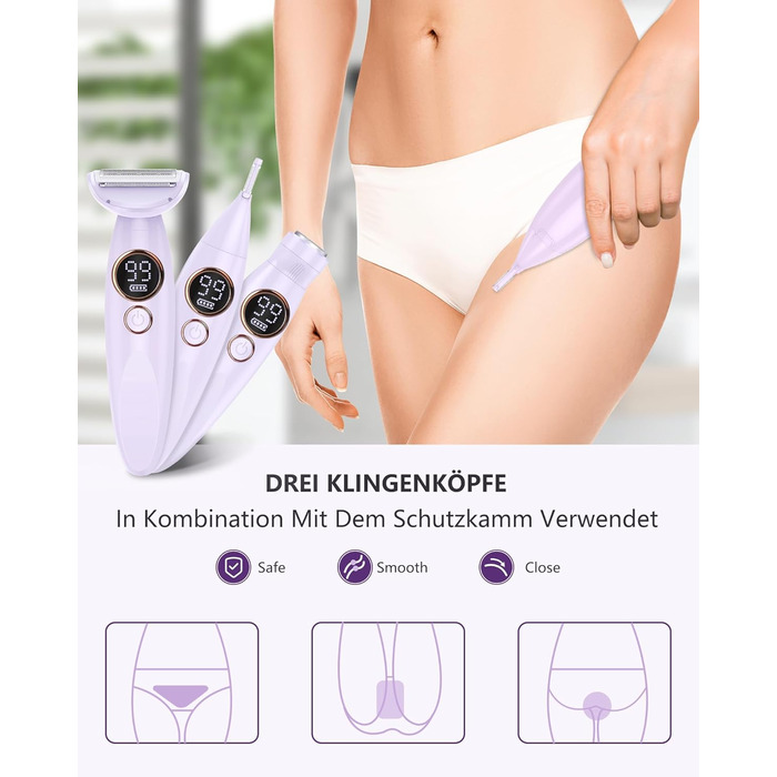 Електричний жіночий тример 3-в-1 для тіла, обличчя, Bikinizone, ніг, USB-зарядка, водонепроникний IPX7, білий (фіолетовий)