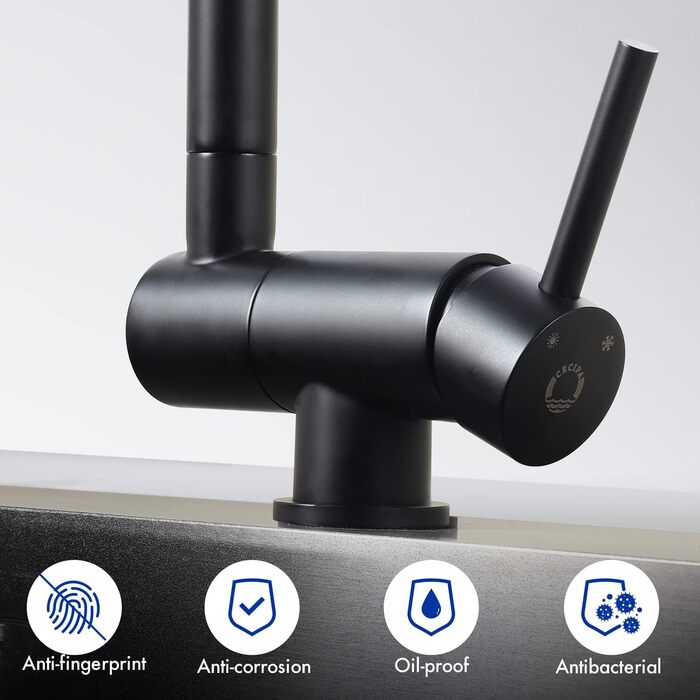 Кухонний змішувач CECIPA Vorfenster чорного матового кольору, високого тиску, з нержавіючої сталі, з гнучким виливом, поворотний на 360°