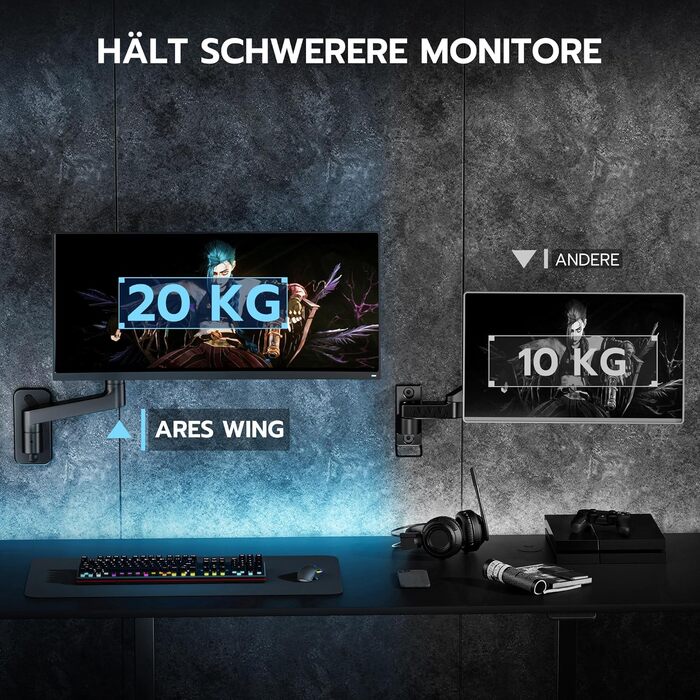 Настінний кронштейн для монітора ARES WING для UltraWide екранів 17-49 дюймів, газліфт, навантаження до 20 кг, VESA 75/100, регульований тримач для офісу та геймінгу, чорний