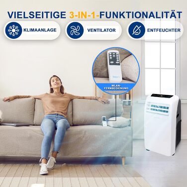 Мобільний кондиціонер SereneLife 9000 BTU з виносним шлангом – 3 в 1: кондиціонер, вентилятор, осушувач повітря. Підходить для приміщень до 42 м², білий.