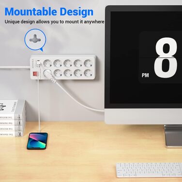 Мережевий фільтр 8 розеток з USB C, захист від перенапруги, адаптер з 2*USB A та 2*USB C, мережевий роз'єм для стіни з подвійним вимикачем, кабель 1.5м чорний (білий)