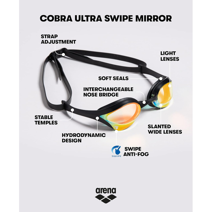 Плавальні окуляри ARENA Cobra Ultra Swipe жовто-білі для дорослих + трубка для плавання ARENA Swim Snorkel III чорна, універсальний розмір