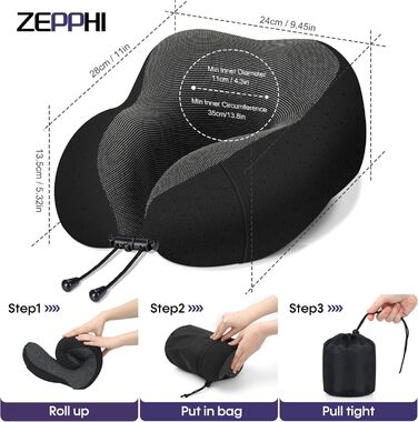 Подушка для шиї у літак - туристична подушка з Memory Foam - зручна подушка-воротник з м'яким дихаючим чохлом - ідеальна для подорожей, офісу, авто, кемпінгу, сну (Чорний)