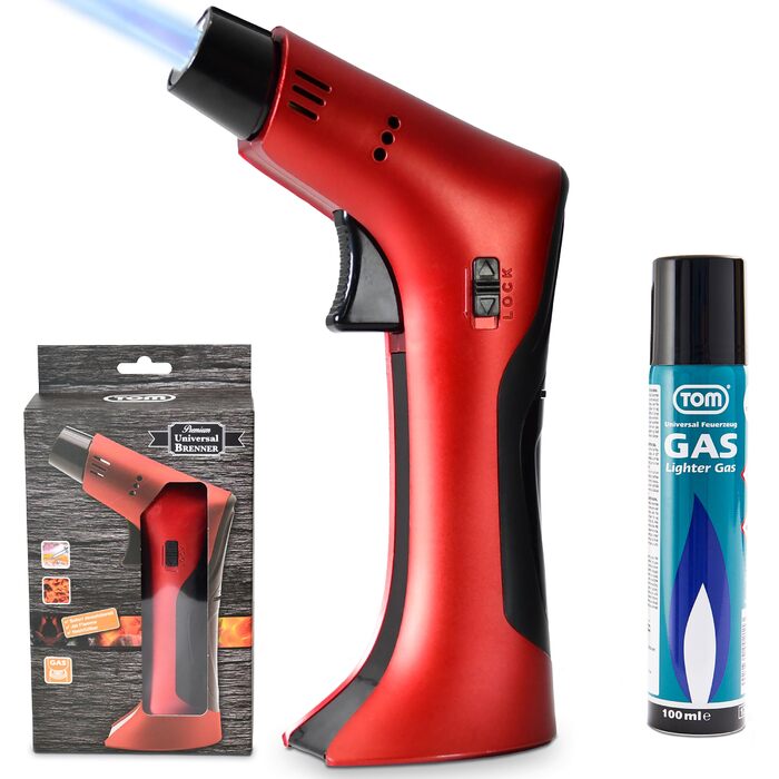 Набір газового пальника TOM Flambierbrenner Jetflame (Червоний) з балоном бутану, професійний кулінарний пальник з замком безпеки для кухні, кемпінгу та майстерні