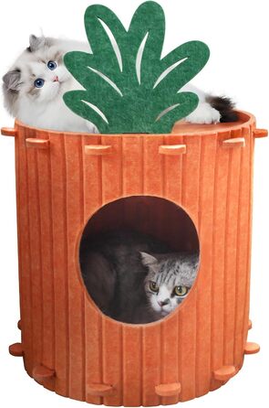 Двоярусна котяча хатинка-печера з дряпалкою, котячий будиночок для дому, кігтеточка з платформою, ліжко-печера для котів, кігтеточка-бочка, котячі меблі з іграшкою, 60х40х40 см