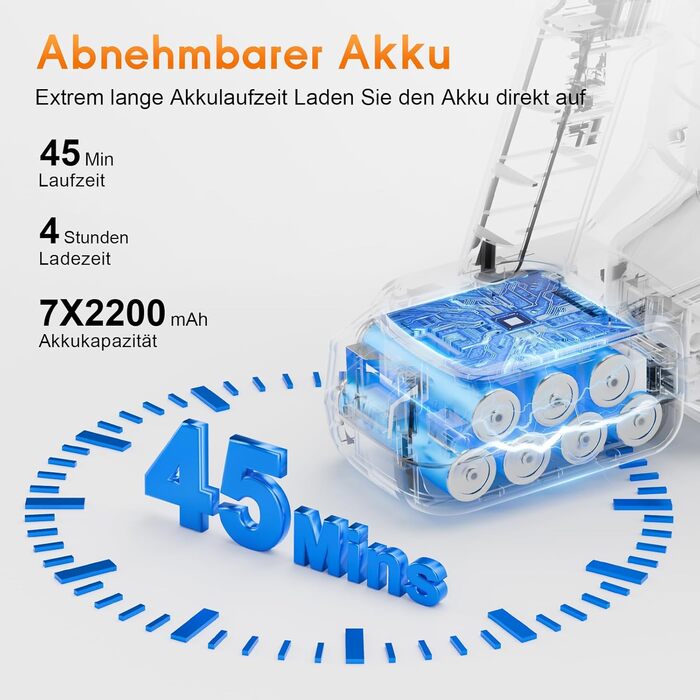 Бездротовий акумуляторний пилосос 45000 Па / 45 хв - 1,6 л з LED-дисплеєм, антизаплутувальною насадкою, тихий (<60 дБ), HEPA-фільтр, для видалення шерсті тварин, килимів, твердих поверхонь, авто, блакитний