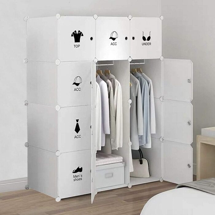BRIAN & DANY Wardrobe with 12 Cubes, Modular Closet Wardrobe Shelf System Plastic Wardrobe with Doors & 2 Hangers, Additional Stickers Included