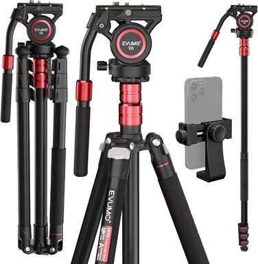 Штатив відео EVUMO 200см, алюмінієвий, професійний, для DSLR та відеокамер, з поворотним кріпленням 360°, вантажопідйомність 12кг