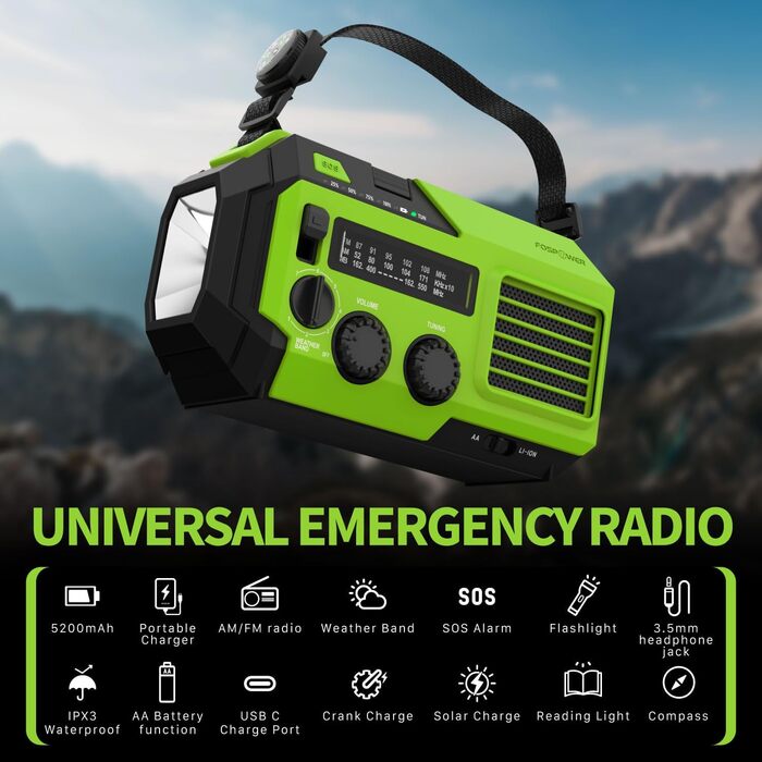 Радіоприймач FosPower NOAA/AM/FM з Power Bank 19240 мАг (5200 мАг) – сонячна/USB зарядка, ручний генератор, SOS-сигнал, ліхтарик, зелений