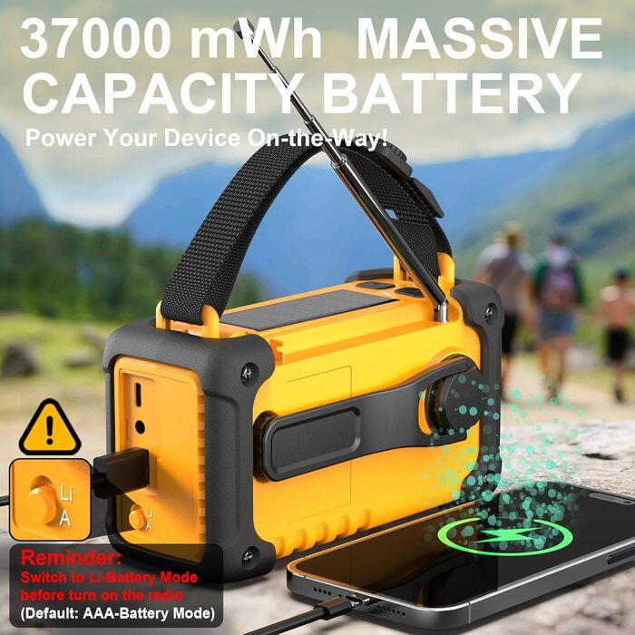 Радіо для надзвичайних ситуацій, AM/FM/SW/NOAA: радіо з ручним заводом, 37000 мWh, USB/сонячна/ручна зарядка, живлення від AAA-акумулятора, SOS-сигнал та ліхтарик для дому та вулиці