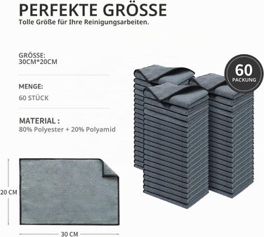 Серветки з мікрофібри для прибирання та авто, 60 шт, 30x20 см, 280 GSM, суперпоглинаючі та м'які рушники для дому та транспорту