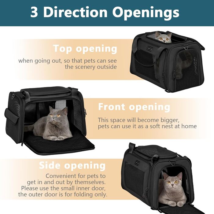 Переносна сумка-переноска для котів та собак Petsfit, розкладний дизайн, з м'яким розкладним килимком, чорна (47x30x30 см)