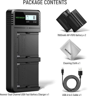 Зарядний пристрій NEEWER Dual USB з 2 шт. акумуляторами 6600mAh NP-F970, швидка зарядка для Sony NP-F970 F960 F950 F770 F750 F570 F550, Handycam, LED-ліхтарі, моторизовані слайдери NEEWER