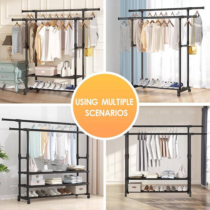 MONKLE - Clothes Rack, Garment Rack, Rolling Garment Rack, Stable Clothes Rack with 3 Storage Shelves, Extendable Double Clothes Rail