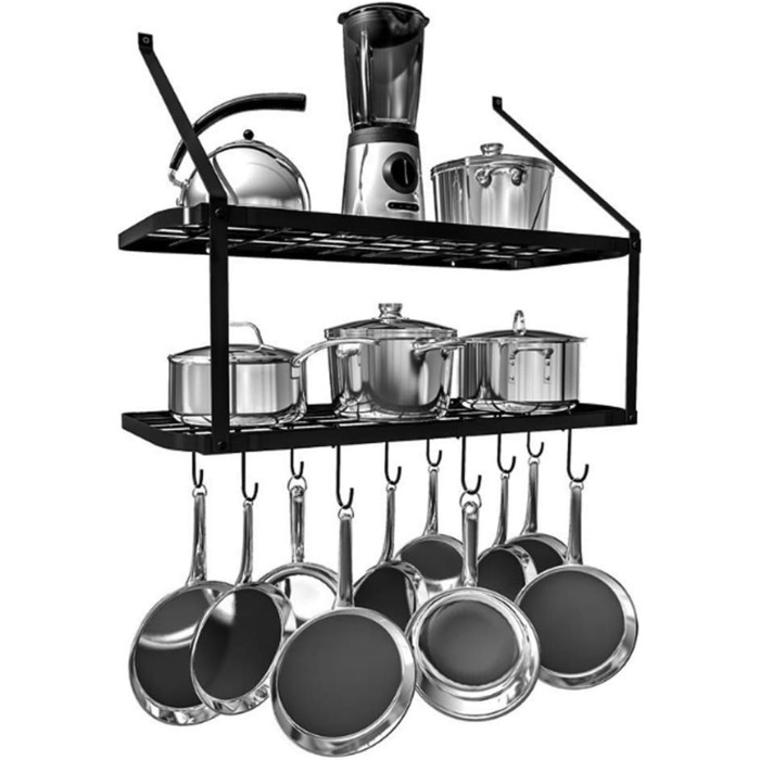 Warmiehomy Kitchen Wall Pot Rack, Wall Shelf Kitchen with 10 Hooks, 2-Layer Pot Pan Organizer, Hanging Spice Rack, Wall Mounted Kitchen Utensil Holder Kitchen Shelf (74.9x34.8x58.9 cm)