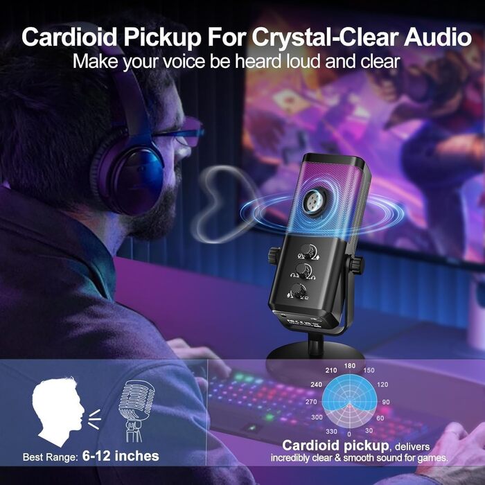 Мікрофон USB для ігор та стрімінгу з RGB підсвічуванням та шумозаглушенням. Підходить для ПК, PS4, PS5, Mac, запису подкастів та ASMR.