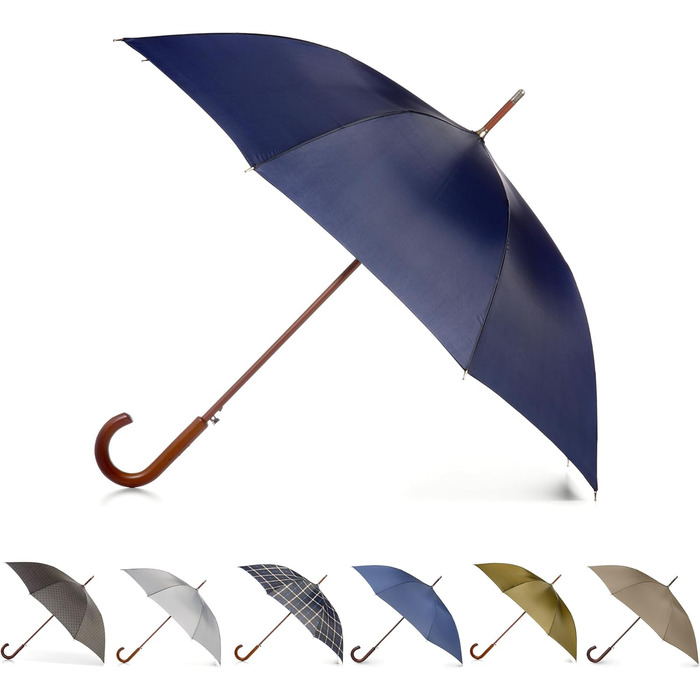 Еко-парасолька Totes з дерев'яною ручкою, чорно-сіро-помаранчевий смугастий дизайн, універсальний розмір, темно-синій