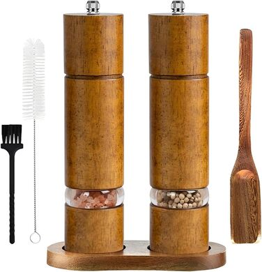 Механічна млинка для солі та перцю з керамічним жорном, регульована ступінь помелу, набір 2 шт. з підставкою, висота 21,5 см