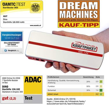 Портативний пусковий пристрій Dino KRAFTPAKET 12V-600A: для авто, мотоциклів та човнів. Підтримка різних типів акумуляторів (свинцево-кислотні, GEL, EFB, AGM). Ємність 66.6Wh, 18000mAh.