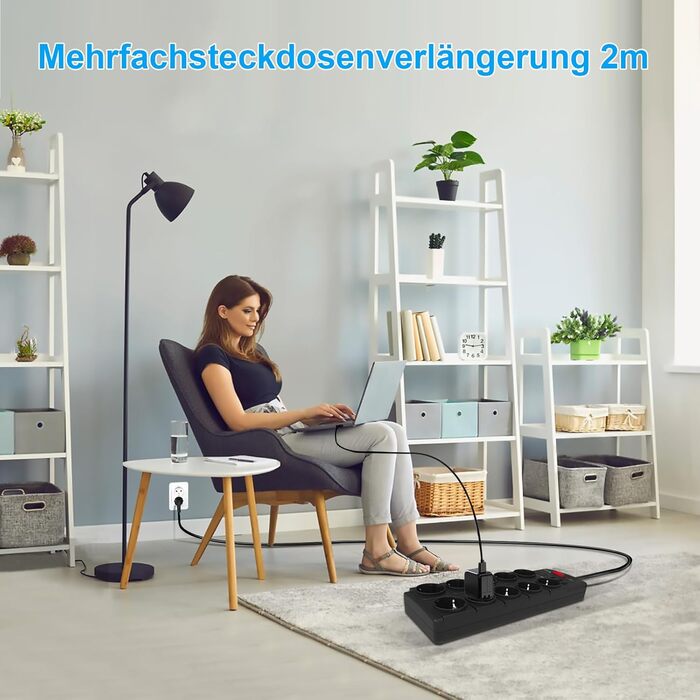 Многорозетка IECOPOWER з USB (PD 20W), захистом від перенапруги, 4000W/16A, 1050 Дж, 2 м, з вимикачем, чорна