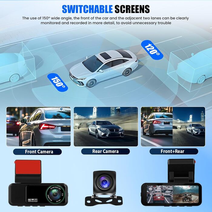 Відеореєстратор CAMECHO 4K Dual (передній + задній) з GPS, WiFi, ADAS, BSD, LCA, нічна зйомка, 150° кут огляду, IPS 3.16