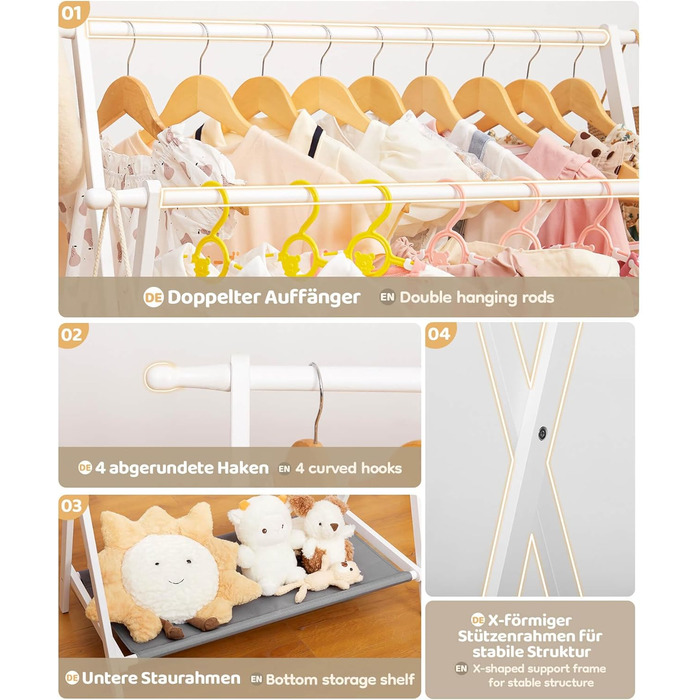 Дитяча вішалка для одягу Yorbay з бамбука, подвійна регульована штанга, полиці для зберігання, біла