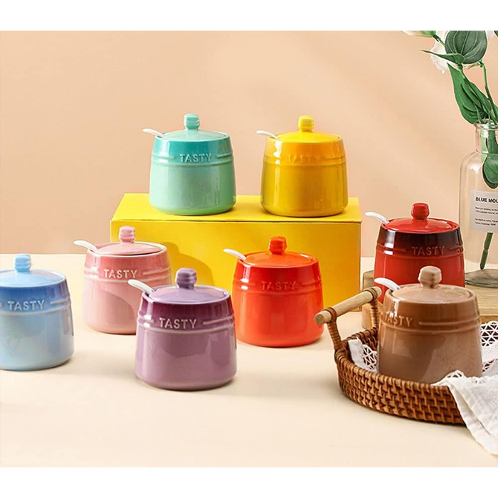 Colorful Ceramic Spice Jar, Spice Container, Sugar Bowl with Lid and Spoon - Red