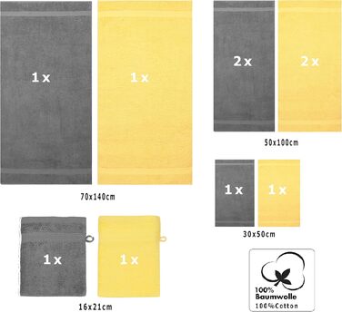 Набір махрових рушників Betz Premium 10 предметів (2 душових, 4 для рук, 2 гостьових, 2 рукавички), антрацит-сірий та жовтий
