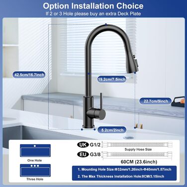 Змішувач для кухні SREWOHS PRO 4 з висувною лійкою, 4 режими розпилення, високий тиск, шланговий вилив, поворотний на 360°, одноручковий, чорний, нержавіюча сталь