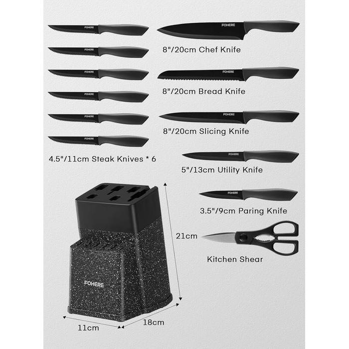 FOHERE 13-Piece Stainless Steel Knife Set with Block & Sharpener - Ergonomic Black Granite Handles