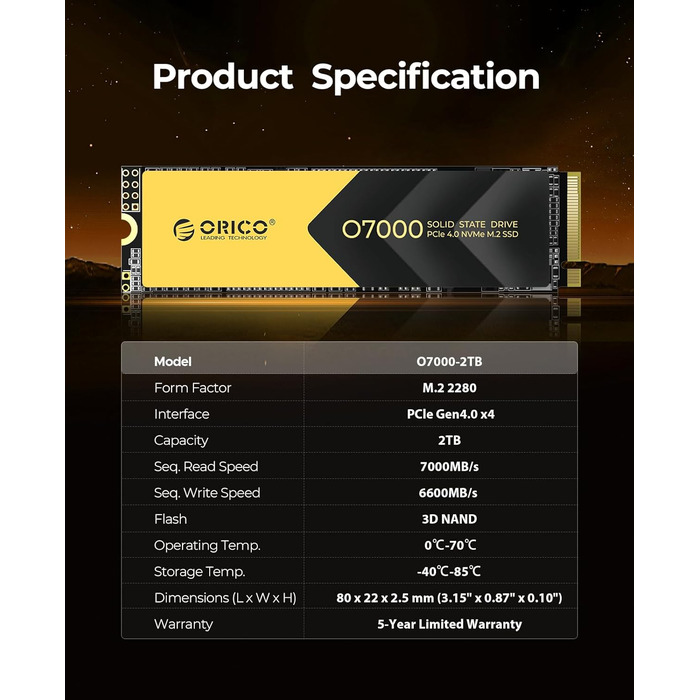 ORICO NVMe SSD 2TB PCIe 4.0 x4 - Внутрішній SSD M.2 2280 з радіатором для ПК та ноутбуків