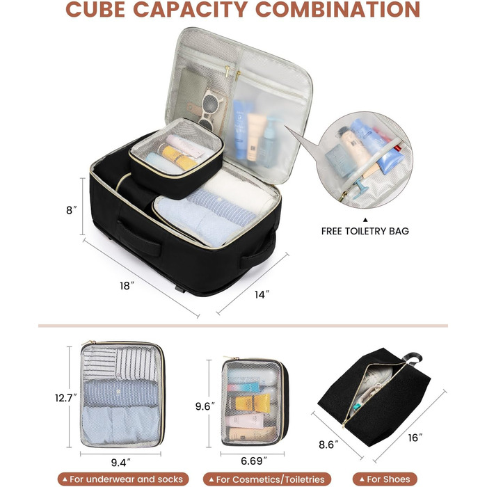 Рюкзак LOVEVOOK для ручної поклажі в літак, 40L, водонепроникний, з відділенням для взуття, для ноутбука 17.3 дюймів, чорний