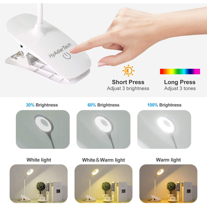 LED-лампа для читання HyAdierTech з гнучким шийкою, USB-зарядка, 40 світлодіодів, 3 кольори, 3 рівні яскравості, захист очей, настільна лампа