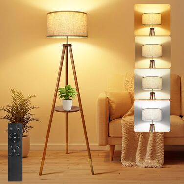 OUTON LED торшер з регулюванням яскравості, тринога, дерево з полицею, пульт дистанційного керування, 4 колірні температури, таймер на 1 годину, штатив, абажур кольору беж для вітальні, спальні, офісу (волоський горіх-золото)