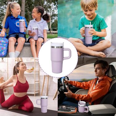 Термокружка ZAKVOP 410мл з трубочкою, кришкою та ручкою. Ізольована термокружка для кави та напоїв на виніс (світло-фіолетовий)