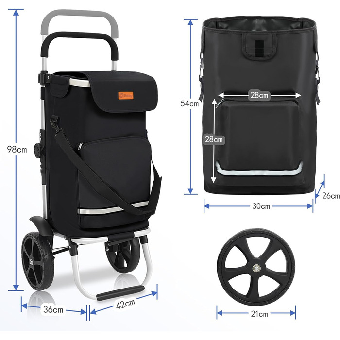 Складаний візок для покупок Sekey 60L з кулерним та відділенням для напоїв, 3-в-1, з регульованою ручкою, для покупок та кемпінгу, чорний