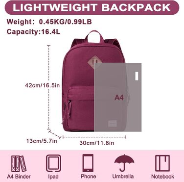 Шкільний рюкзак RAVUO для підлітків, легкий рюкзак для дівчат, денний рюкзак, повсякденна шкільна сумка для університету, школи, подорожей, роботи, бургундський, червоний