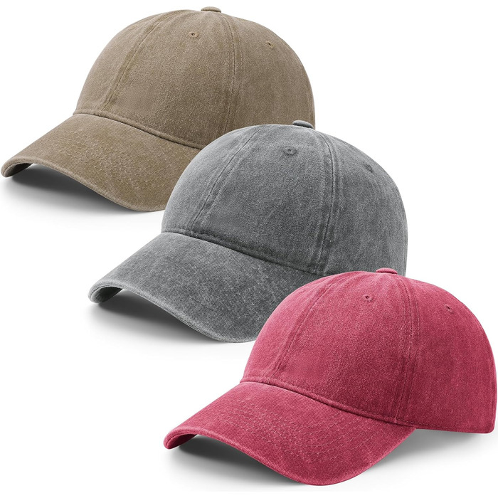 Кепка бейсболка для чоловіків та жінок, бавовна, регульована, унісекс, вінтаж, 3 шт. (світло-сірий, хакі, червоний)