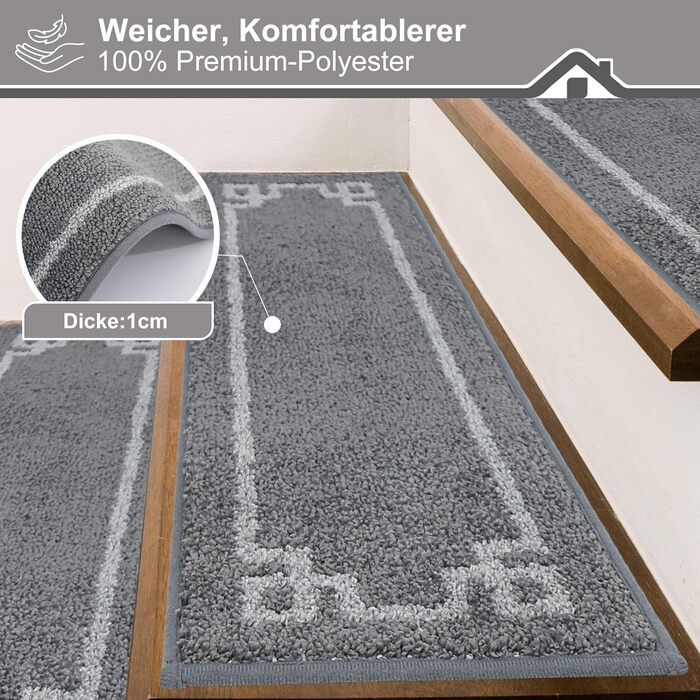 Килимочки на сходи BEQHAUSE, комплект 15 шт. Самоклеючі килимки на сходи для дітей, літніх людей та домашніх тварин, 100% поліестер, TPE-підкладка, 22x70 см (Сірий)