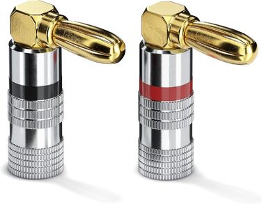 Бананові конектори Sonero® для акустичних кабелів до 6 мм², 4 шт. з кольоровим кодуванням (12x червоний, 12x чорний), 24K позолота (набір 4 шт., кут 90°, Single)
