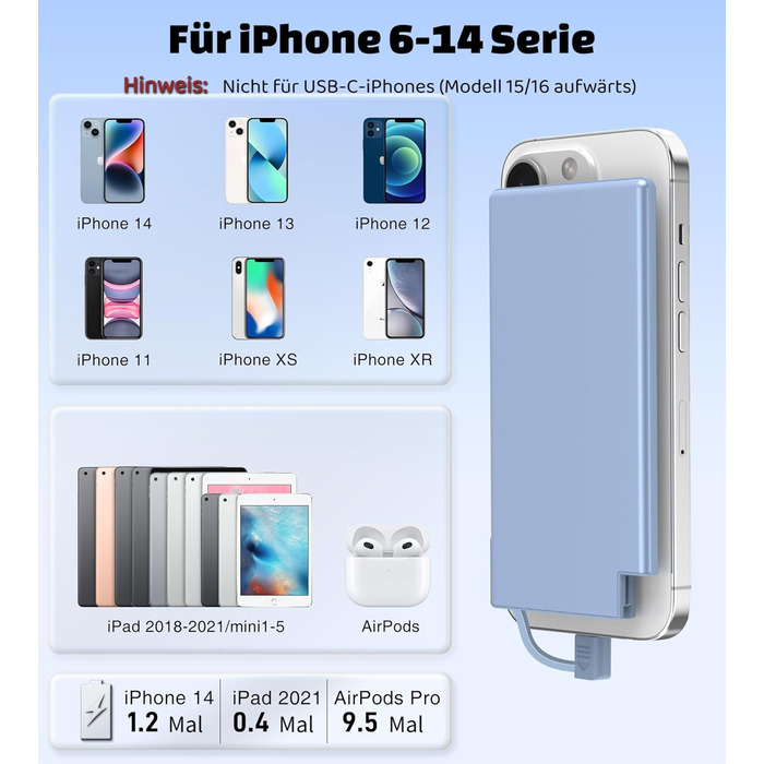 Power Bank Auskang 5000mAh Slim з кабелем для iPhone (до iPhone 14) - блакитний