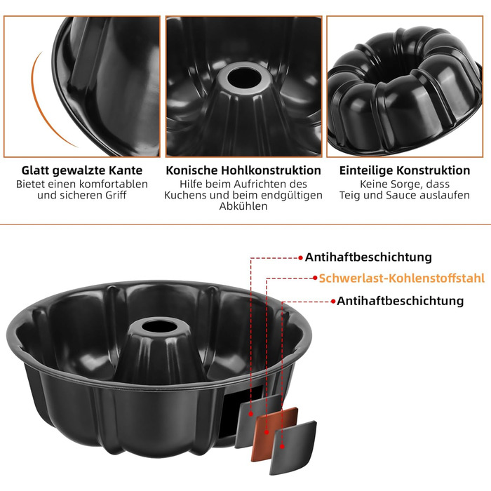 Форма для кексів Onader, карбонова сталь з антипригарним покриттям, 25,5 см, кругла, для випікання кексів, хліба, здоби, легко миється (чорна)