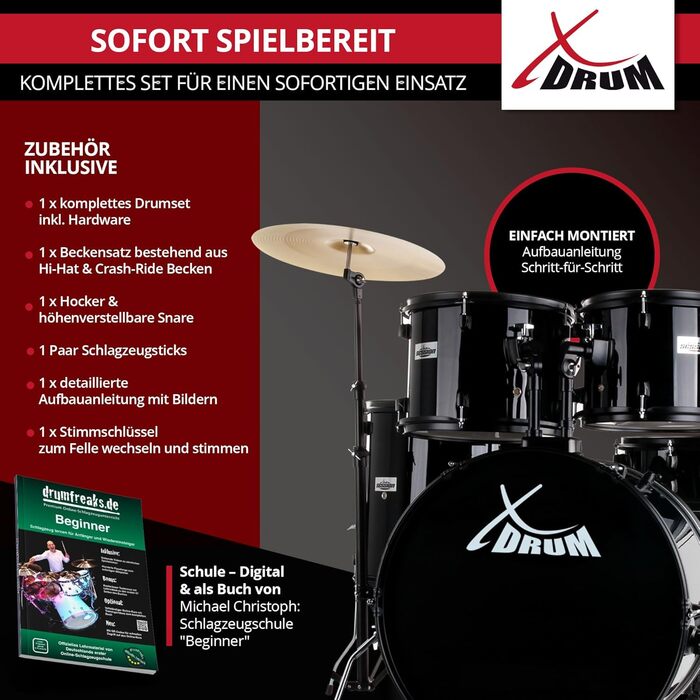 XDrum Rookie 20' Комплект барабанів для студії Black - Ідеальний для початківців - Стильне чорне обладнання - З паличками, інструкцією та школою барабанщиків
