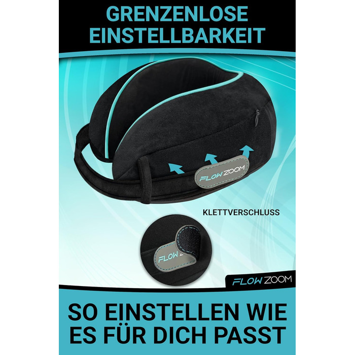 Подушка для шиї FLOWZOOM Comfy для подорожей: регульована, з memory foam, для автомобіля та літака, 360° підтримка, дихаючий чохол, з транспортним мішечком, сіра (Dream - чорна)