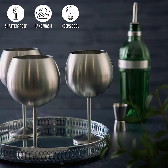 Набір з 4 великих склянок для джину Ballon з нержавіючої сталі Oak & Steel, 700 мл, сріблясто-матова поверхня, міцні, для коктейлів, подарунковий набір