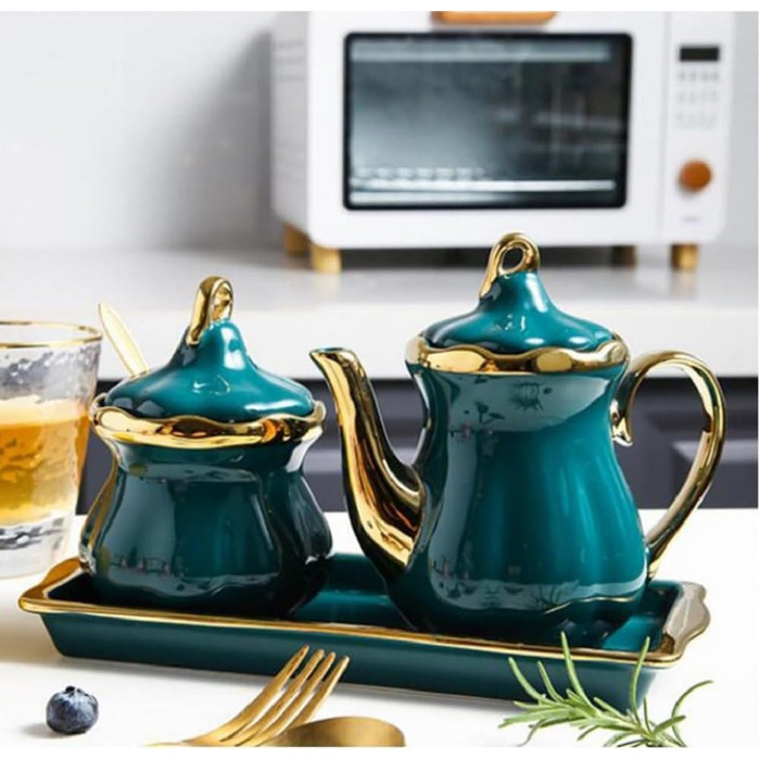 MAGICVOGEL Ceramic Milk Pitcher and Sugar Bowl Set, Sugar Container, Milk Jug with Tray, Spice Jar with Lid and Spoon, Creamer, Coffee Service Set for Home, Cafe, Bar (Green)