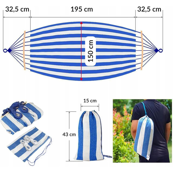 Гамак KRUMAD 260 см, до 250 кг, вологостійкий, бавовна-поліестер, для саду, балкону, кемпінгу, з дерев'яними розпірками та сумкою (блакитно-білий, без каркасу)