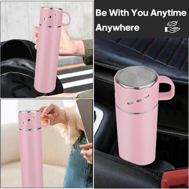 Термокружка-термос з нержавіючої сталі 550 мл, без витоку, з чашкою та ручкою, вакуумна термоізоляція 12 год гаряча / 12 год холодна, неслизька, для кави, спорту, роботи, школи, автомобіля (Рожева)