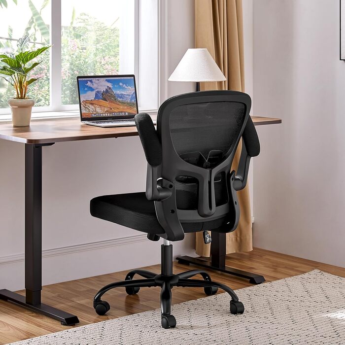 Офісне крісло Yaheetech з підйомними підлокітниками, регульованою підтримкою попереку, сітчасте крісло, ергономічне, з функцією гойдання, регульоване по висоті, чорне